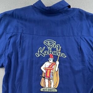 Big Dogs Men Camp Shirt Blue Rayon S/M Big Kahuna 90s Retro Surf Graphic